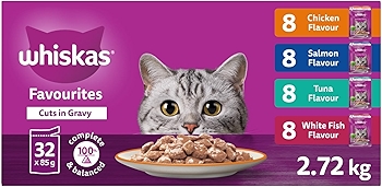 WHISKAS Favourites 成人湿猫粮：鸡肉、三文鱼、金枪鱼与白鱼口味，浇汁肉块