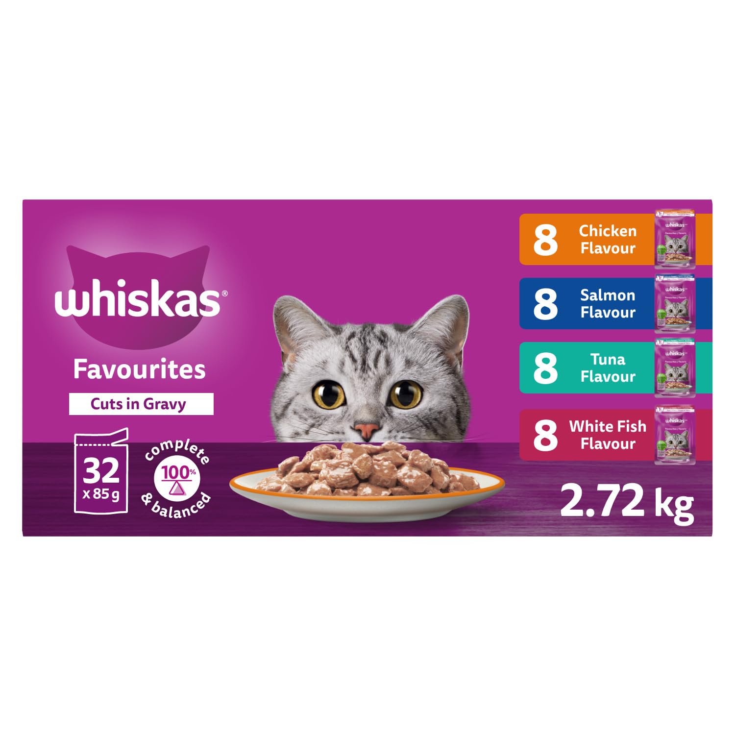 WHISKAS Favourites Adult Wet Cat Food - Chicken, Salmon, Tuna, White Fish Flavour Cuts in Gravy - 100% Complete and Balanced - Multipack 32x 85g Pouches image 4