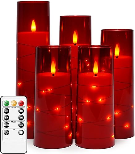 Velas LED sin llama con temporizador, 5 velas parpadeantes sin llama para ambiente romántico y decoración del hogar, carcasa acrílica estable, con