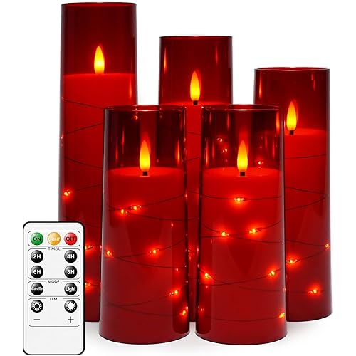 Flameless LED Candles with Timer 5 Pc Flickering Flameless Candles for Romantic Ambiance and Home Decoration Stable Acrylic Shell,with Embedded Star String，Battery Operated Candles（Red）