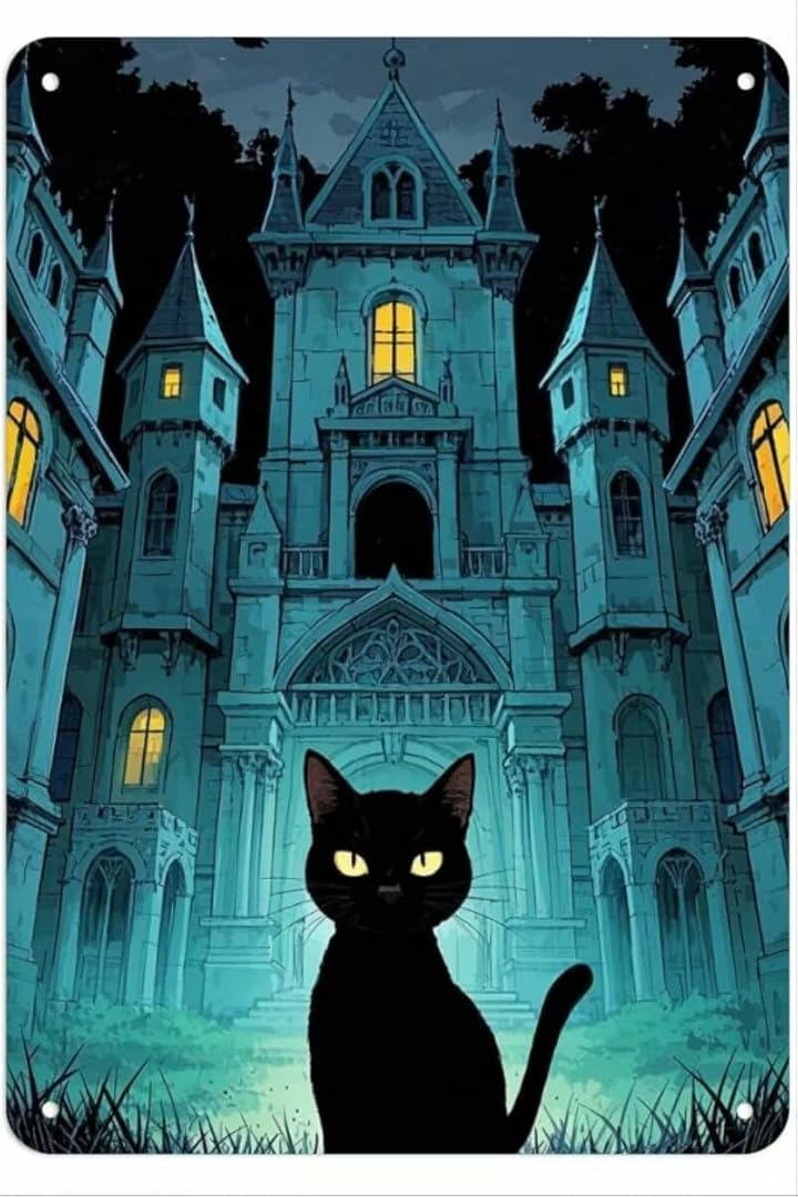 Black Cat And Castle Creative Vintage Funny Novelty Decorate Home Garden Cafes Offices Shops Bars Clubs Gift Plaque Tin Signs 8x12 Inch