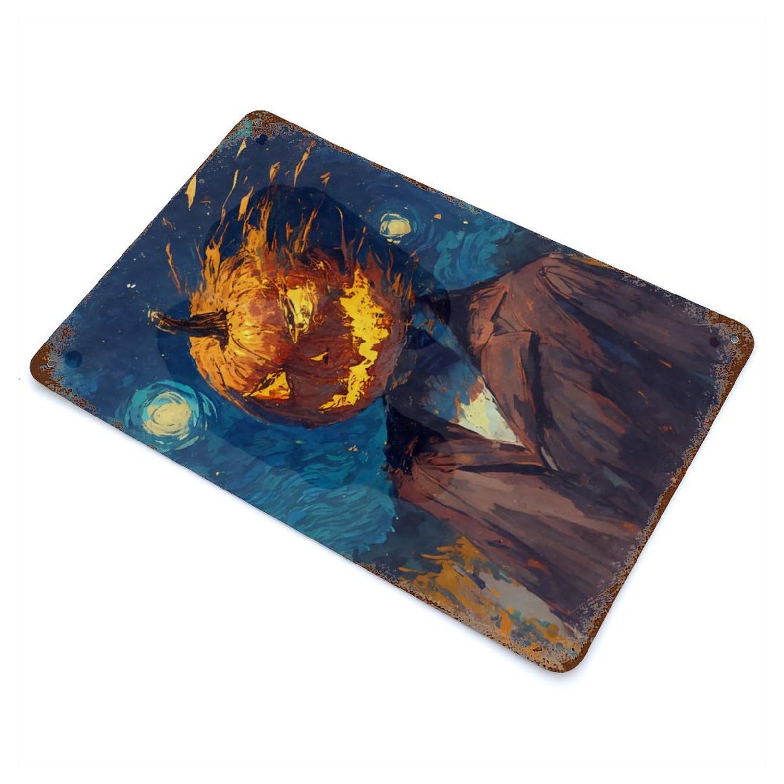 Pumpkin Head Man Starry Night Rust Effect Tin Sign 11.8"x7.9", Novelty Wall Decor for Garage, Pub Or Kitchen