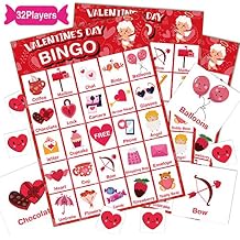 V-Opitos Valentines Day Bingo Game Card for Kids/Adults, 32 Players - Valentine Game for Family/School Classroom/Large Group, Valentine Party Favor for Boy/Girl
