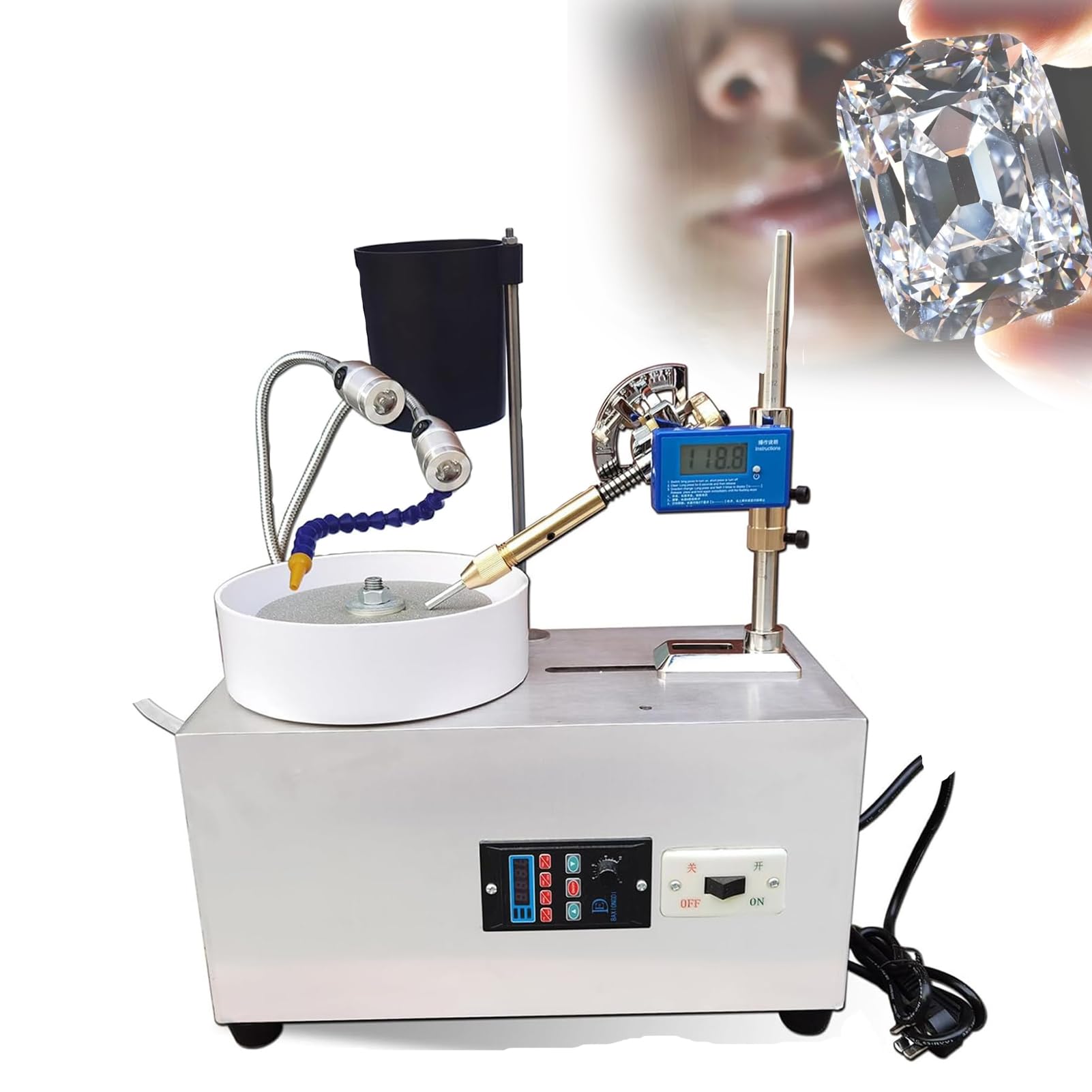 LYJIANGXIN Gem Faceting Machine, Multifunctional Jade Polisher, 180W Motor, Quiet Bearings, 80 Nm Torque, 0-2800 RPM Variable Speed Control, Adjustable Lighting, Splash Shield