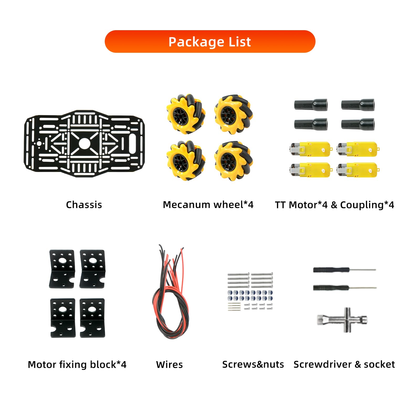 Mecanum Kit de châssis de voiture robot roue, plate-forme mobile omnidirectionnelle avec 4 moteurs TT et cadre en alliage d'aluminium pour Arduino Raspberry Pi projets STEM DIY