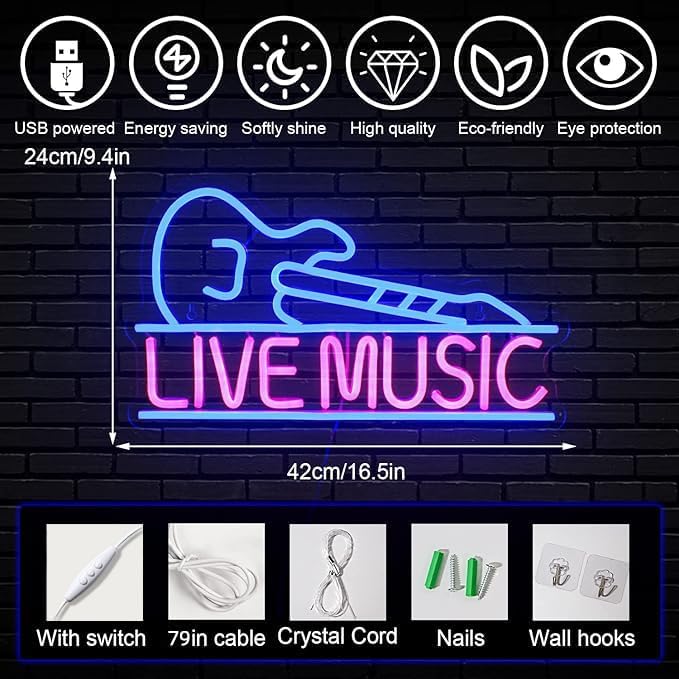 Horseneon Guitar Neon Signs for Wall Decor,Live Music Neon Lights for Bedroom,Guitar Led Light up Sign with USB Powered for Music Party, Bar, Club - Image 2