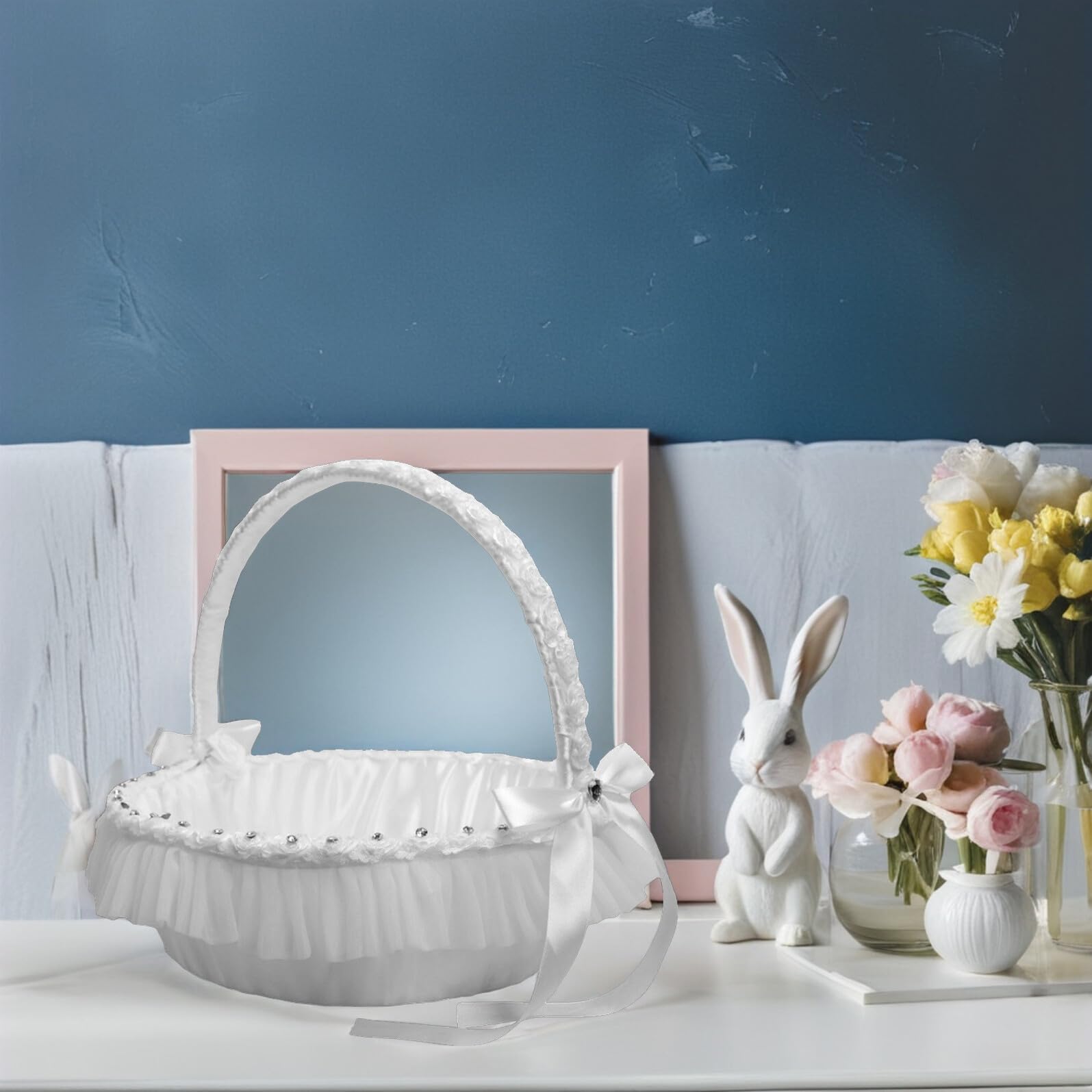 Hochzeitsblumenkorb aus Spitze mit Strass, Weiß, 1 Stück | Leicht und Handlich, Polyester Ausführung, für Kinder bei Bankett und Hochzeit