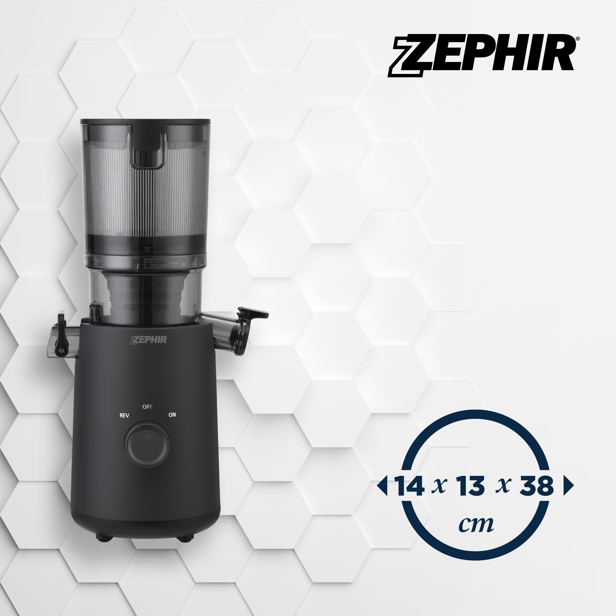 Zephir Estrattore Di Succo Frutta E Verdura 150W, 45 Giri/Min, Apertura XL 11 Cm, Contenitore 1,3L, Funzione Reverse, Separazione Succo E Residui