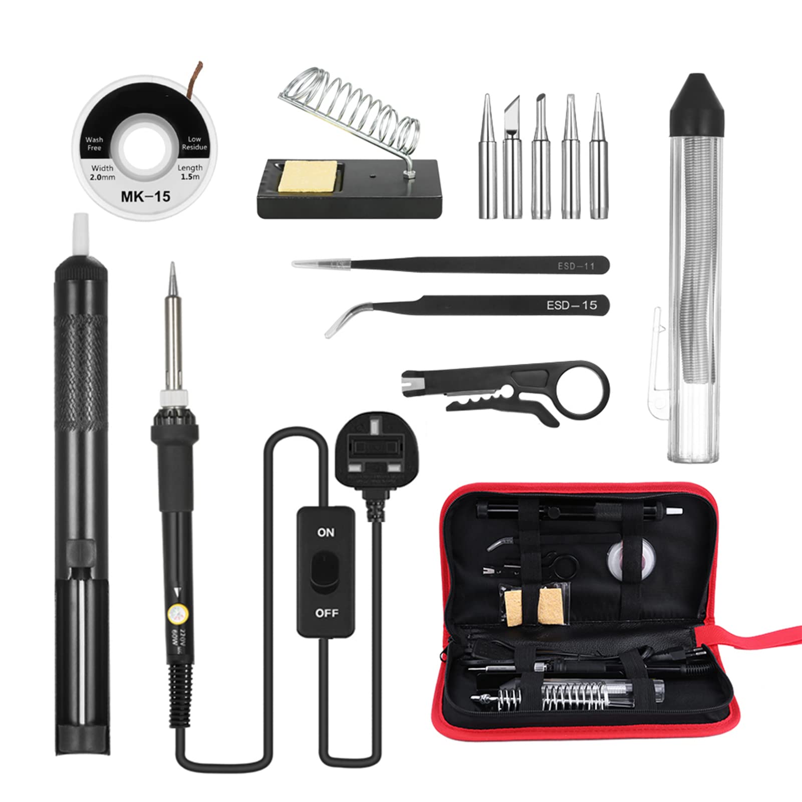 OUNA14 in 1 Soldering Iron Kit 60W Adjustable Temperature Welding Soldering Iron wi ON/OFF Switch 5pcs Soldering Tips Solder Suer Desoldering Wi Solder Wire Anti-static Tweezers Iron Stand wi