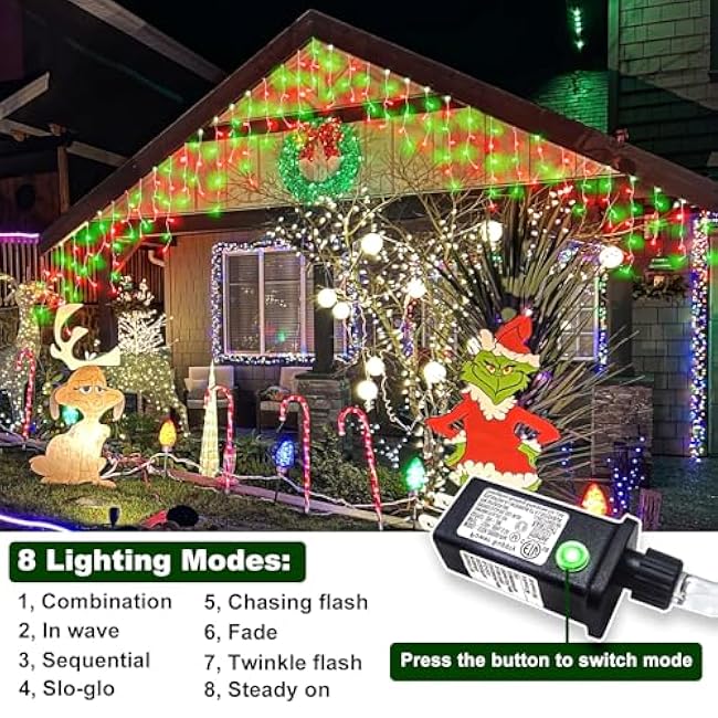 66ft Red and Green Christmas Lights Outdoor, 640 LED Icicle Lights for Outside, Plug in Twinkle Lights Indoor with 8 Modes Timer Waterproof for House Yard Eave Patio Wedding Party Holiday Decoration