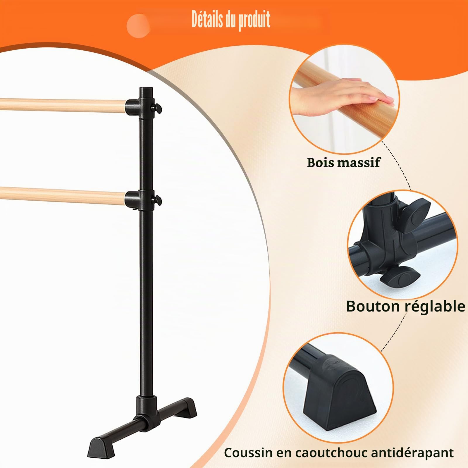 Double barre de ballet autoportante – Barre de ballet réglable en hauteur, barre de danse portable avec pieds antidérapants pour filles, enfants, adultes, fitness, yoga, entraînement à