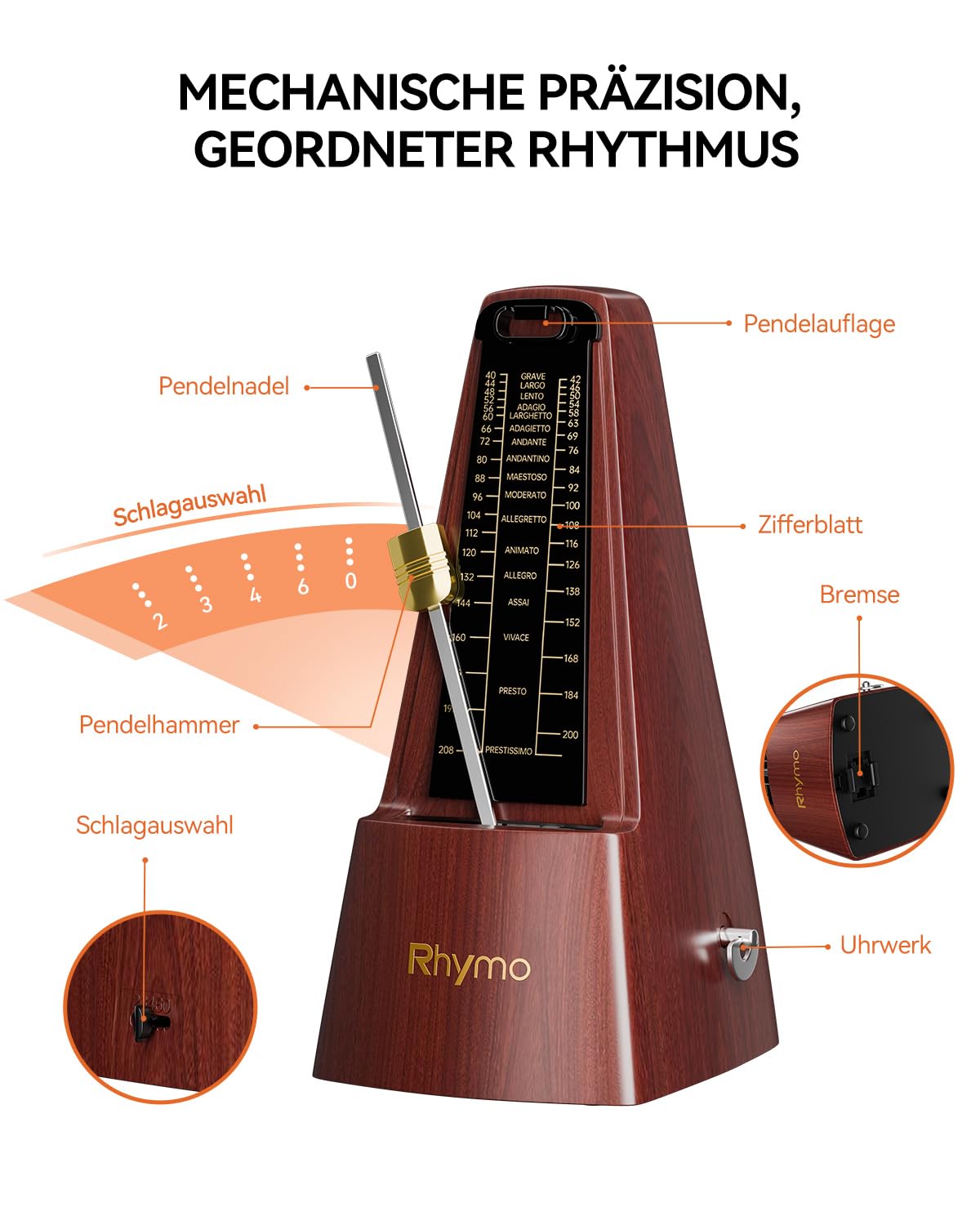 Rhymo Metrónomo Mecánico para Piano/Violín/Guitarra/Bajos e Instrumentos de Viento, Beat Preciso, 40-208 BPM con 4 Modos de Ritmo (2/4, 3/4, 4/4, 6/8), Diseño Clásico de Cuerda(Nogal)