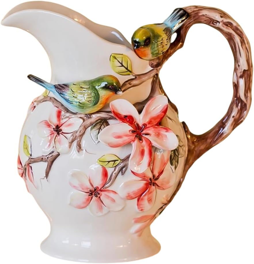 Ceramic Large Water Pitcher Flower Vase, 3D Hand-Painted Magnolia and Bird Home Decor Bouquet Holder-11.8H Inches