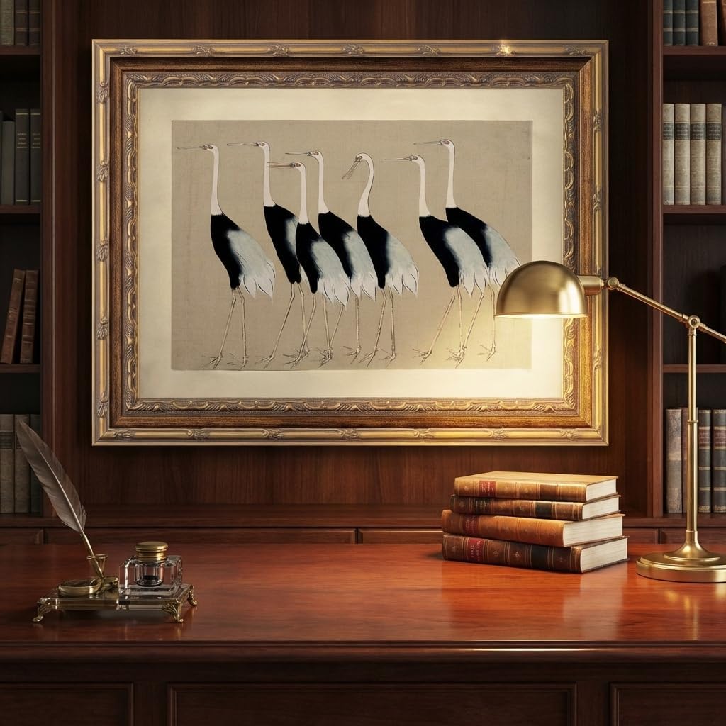 PHIKUN Gold Frame Vintage Crane Wall Art Print Classic Bird Painting Picture Wall Decor with Animals Artwork for Living Room Bedroom Office Ready to Hang 12x16 Inches
