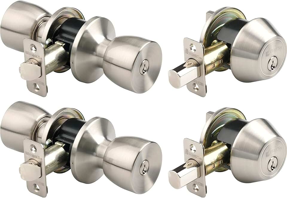 BRINKS - Bell Style Keyed Entry Door Knob and Single Cylinder Deadbolt Set, 2-Pack - Keyed Alike, Satin Nickel
