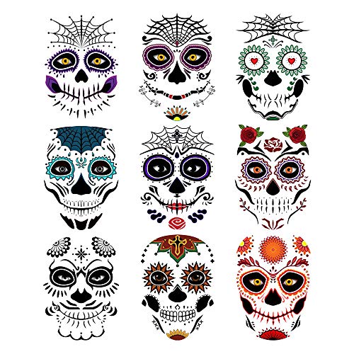 Day of the Dead Sugar Skull Temporary Face Tattoo Kit, 9 PCS Web Face Tattoo For Halloween, Party,Costume, Men, Women