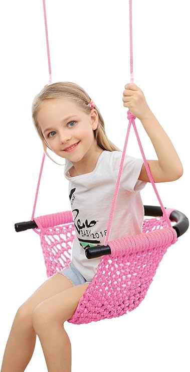 Amazon Co Jp Ropecube 手編み幼児用ブランコ 子供用ブランコシート 調節可能なロープ付き 丈夫なローププレイ 安全な子供用ブランコセット 屋外屋内 遊び場 裏庭用 ピンク おもちゃ