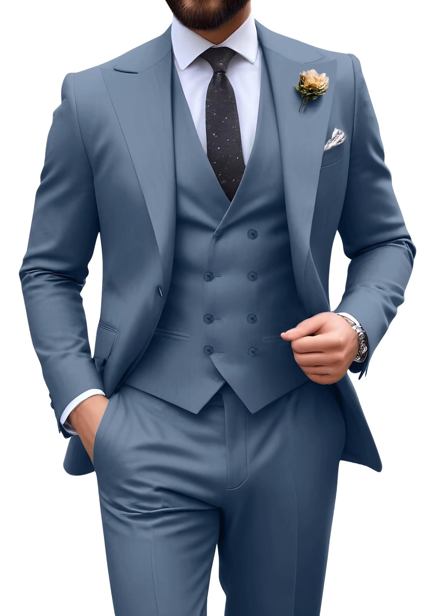 Photo 1 of Men's Suit Double Breasted Suit Men 3 Piece Tuxedo One Button Blazer Pants Set Formal Business Blue Grey Suits for Men Medium