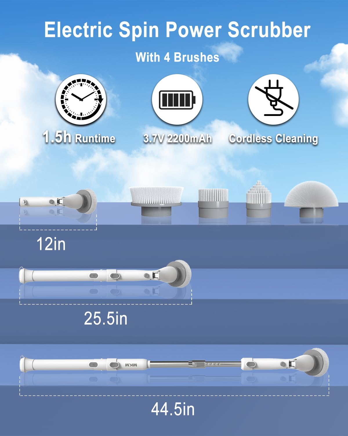 MKM Cepillo eléctrico giratorio para limpiar el suelo de la bañera del baño y la ducha de azulejos, máquina de mano inalámbrica automática de 360 grados de largo, herramienta motorizada giratoria de