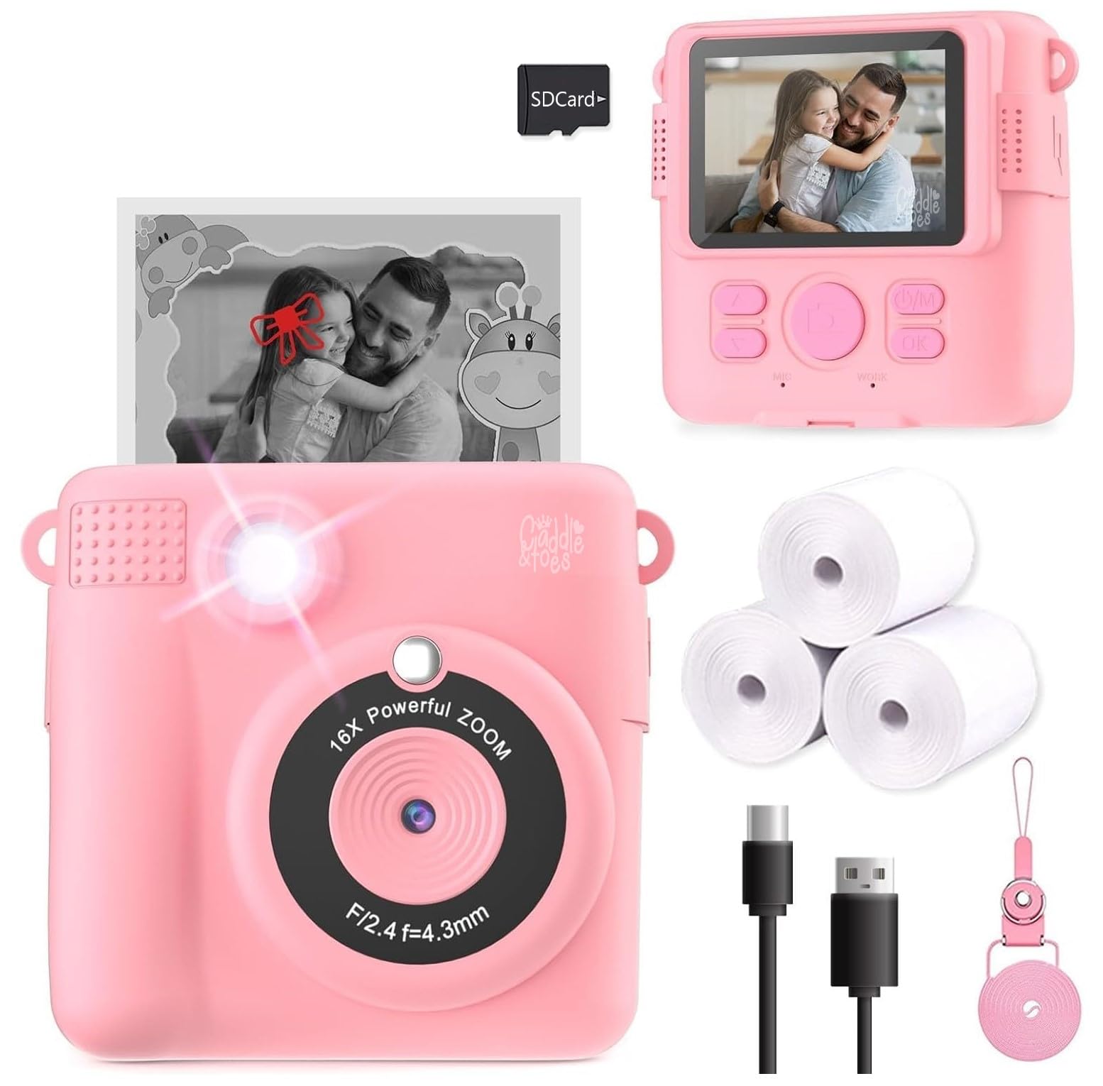 CADDLE & TOES Instant Print Camera for Kids, Christmas Birthday Gifts Girls Boys Age 3-12, HD Digital Video Cameras Toddler, Portable Toy 3 4 5 6 7 8 9 10 Year Old Girl with 4GB SD Card (Pink)-image-20