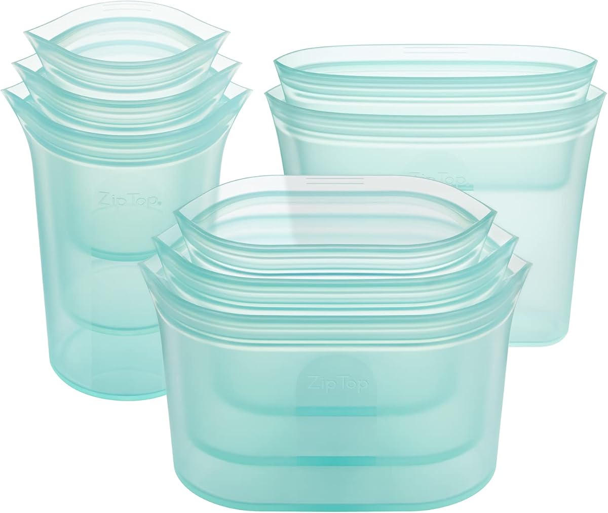 Contenedores de almacenamiento de alimentos reutilizables con tapa con cremallera, juego completo de 8, color verde azulado, tazas, platos y bolsas de silicona platino, aptos para microondas, lavavajillas y congelador, fabricados en EE. UU., sin BPA