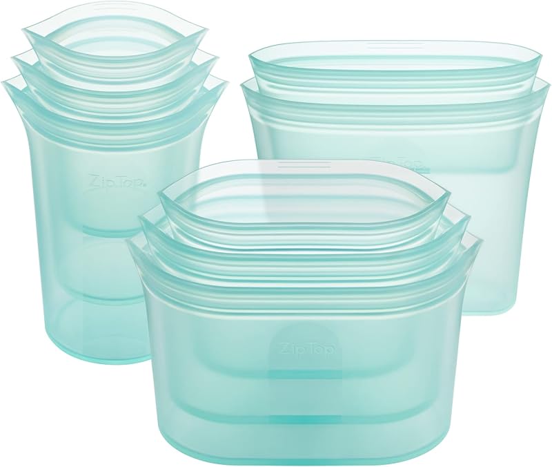 Contenedores de almacenamiento de alimentos reutilizables con tapa con cremallera, juego completo de 8, color verde azulado, tazas, platos y bolsas de silicona platino, aptos para microondas, lavavajillas y congelador, fabricados en EE. UU., sin BPA
