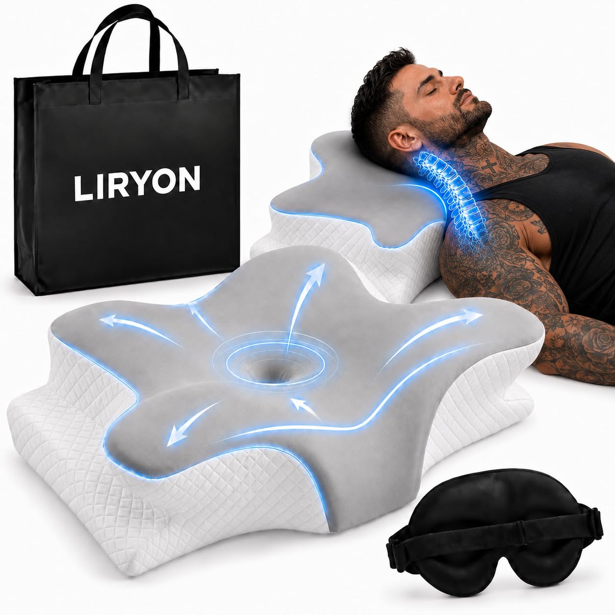 Almohada Japonesa para Dormir, Almohada Cervicales y Cuello Viscoelástica, Mariposa Memory Foam Ergonómica para Cuello y Nuca, con Bolsa y Antifaz