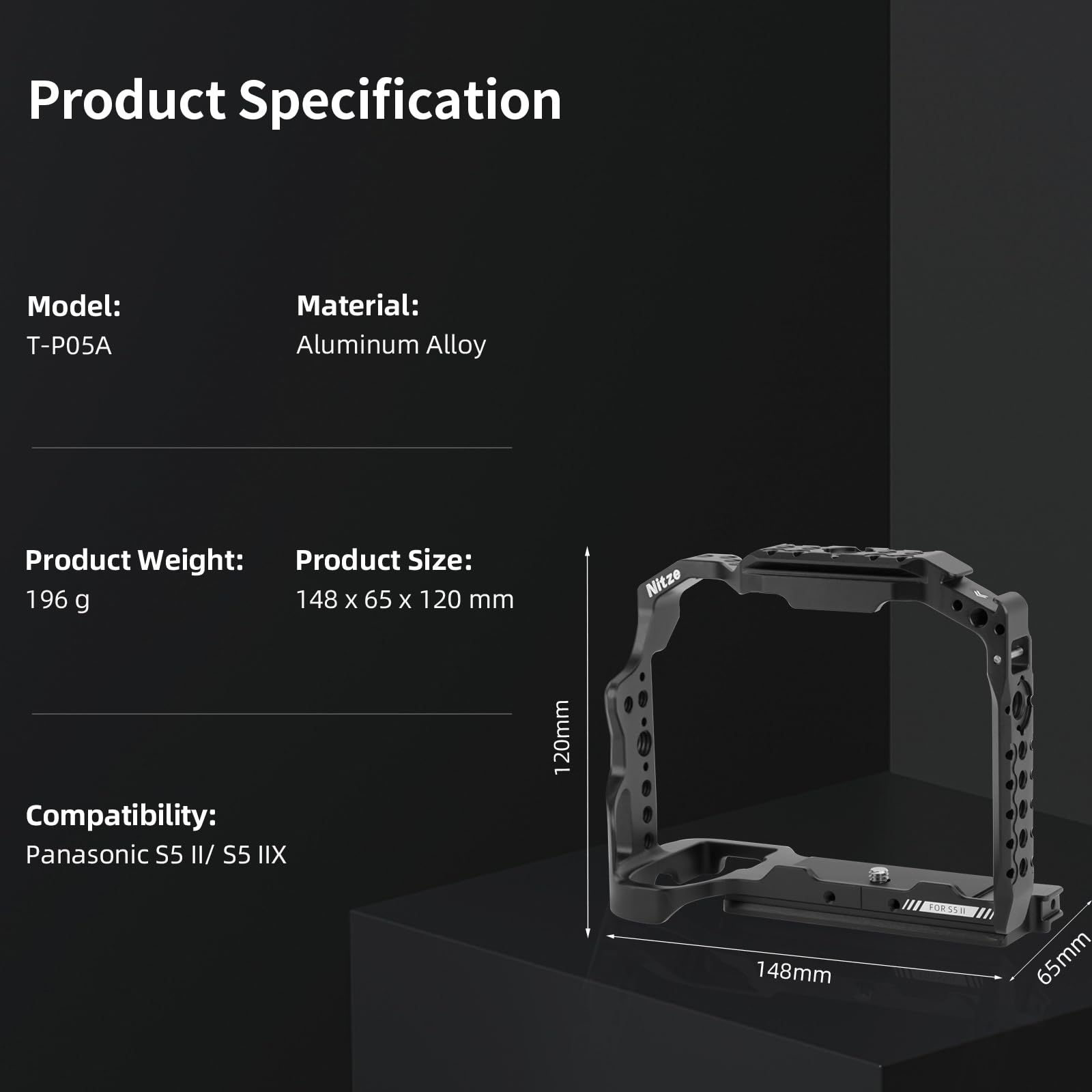 Nitze Cage pour Panasonic LUMIX S5 II/ S5 II X Caméra, avec NATO Rails Supérieurs et Latéraux Intégrés, Cold Shoe et Plaque de Dégagement Rapide Arca Swiss - T-P05A