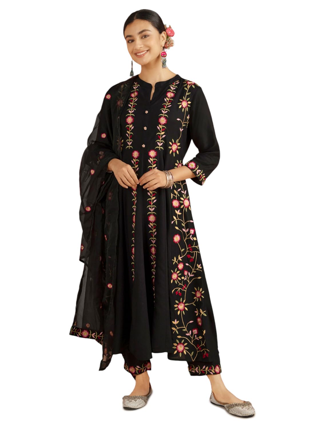 Kaari Set Kurta da donna ricamato con Dupatta, vestibilità anarkali, in organza Dupatta con ricamo multicolore, pantaloni dritti con tasca laterale, set Kurta da donna