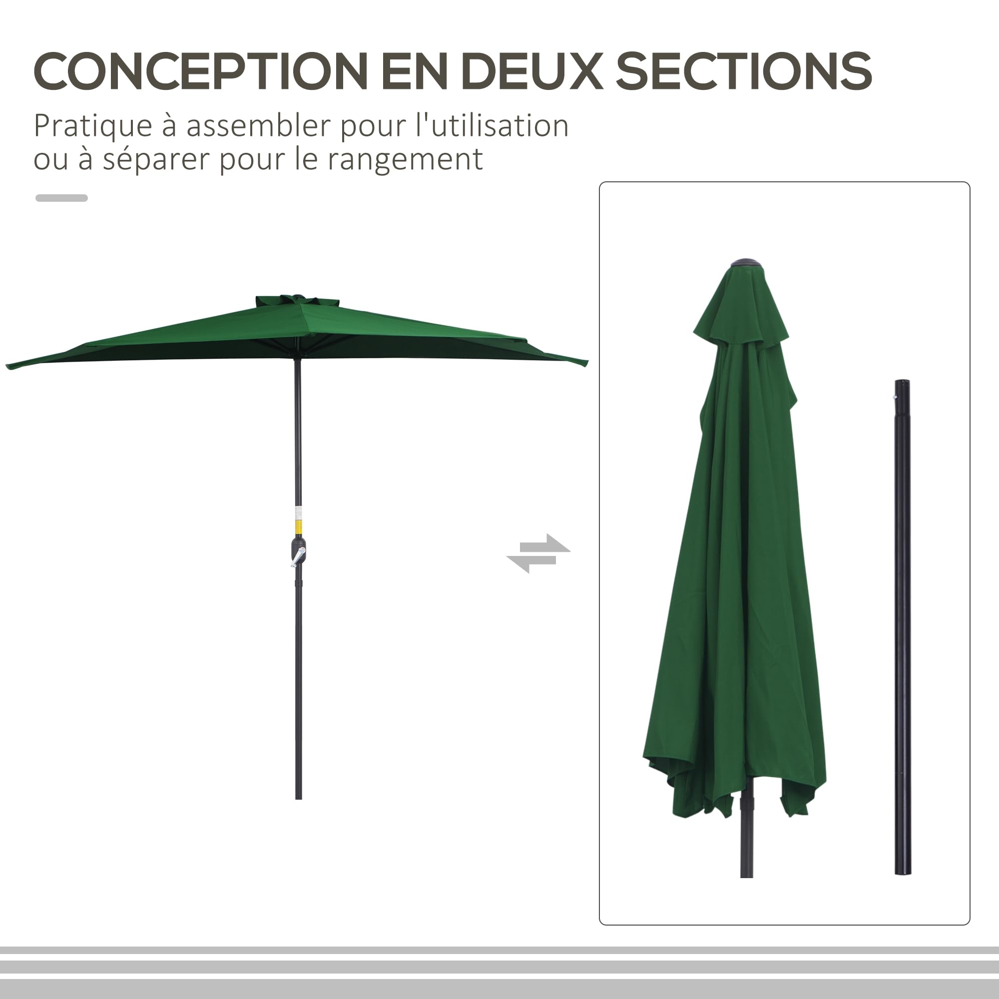 Outsunny Demi Parasol 5 Entretoises Métal 2,93 x 1,5 x 2,49 m