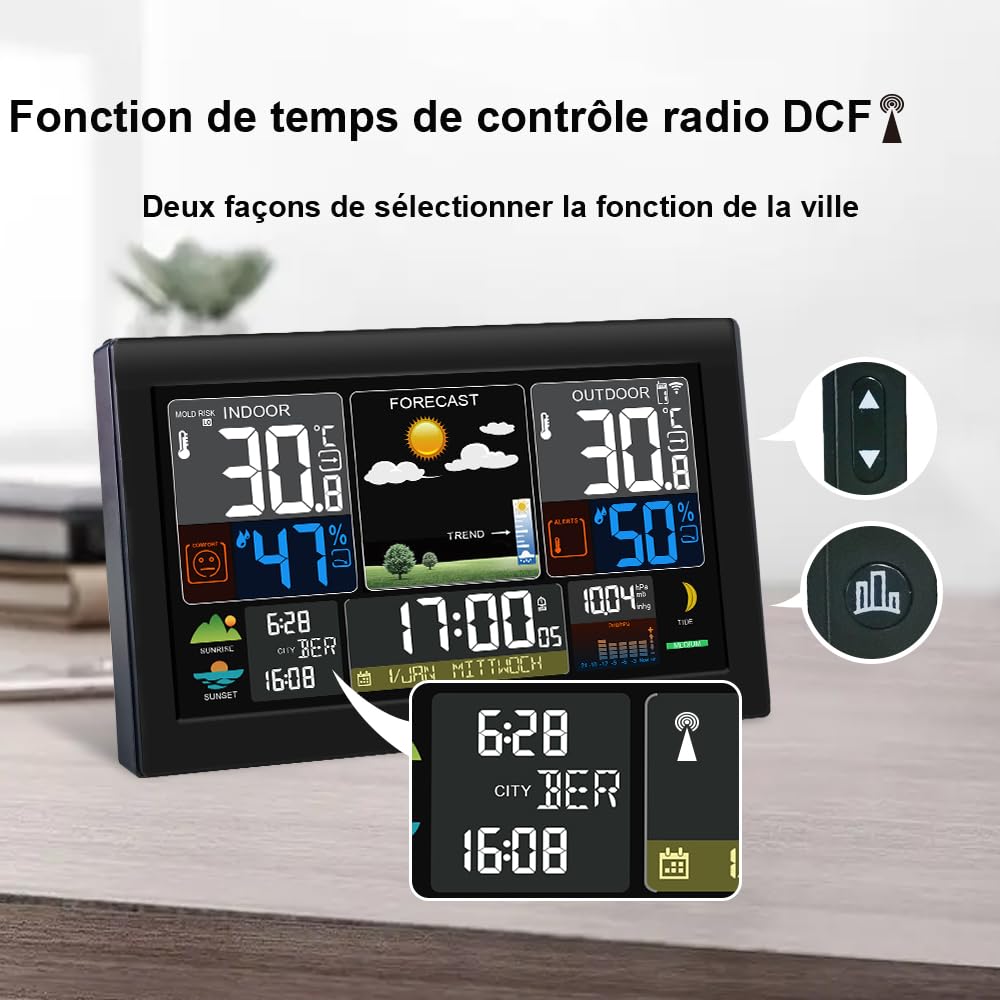 KETOTEK Station météo intérieure extérieure sans fil avec capteur LCD thermomètre numérique hygromètre, radio-réveil DCF, baromètre, prévisions météorologiques