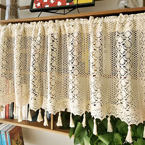 choicehot Aushöhlen Häkeln Scheibengardinen mit Quasten Beige Kurzstores Häkelgardine Bohemian Style Landhausstil Baumwolle PolyesterFenstergardinen Fensterdekoration Küche 1 Stück 45x150cm (HxB)