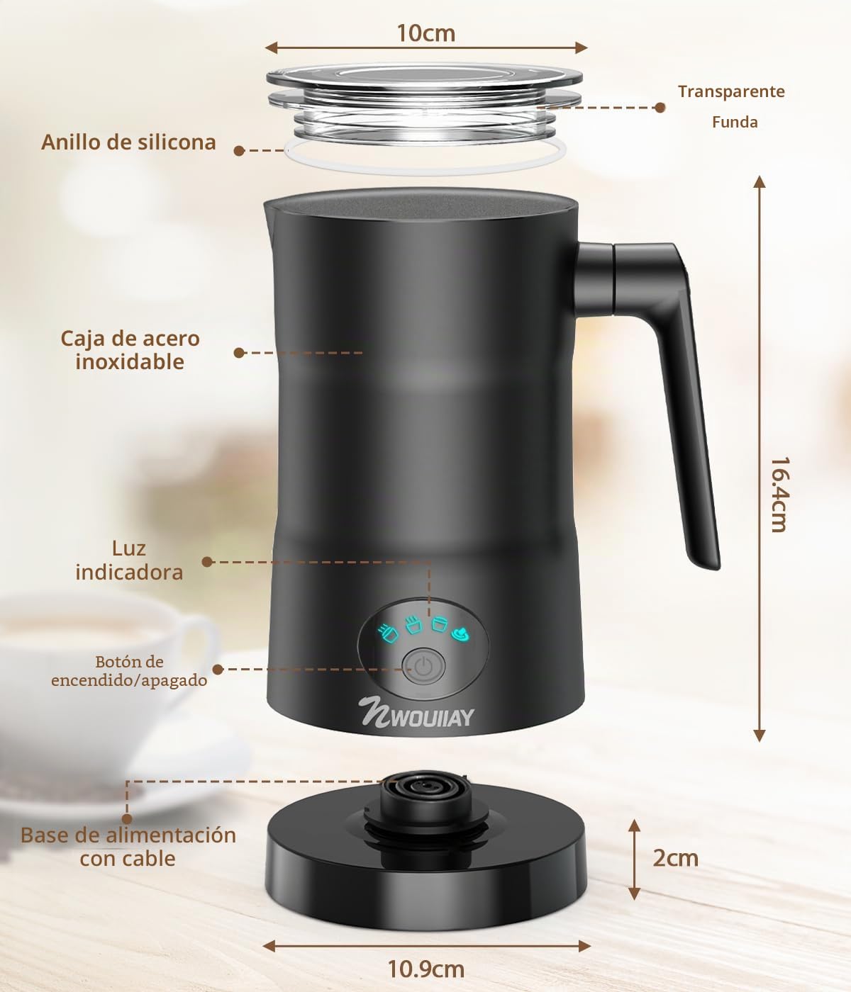 Espumador de Leche 4 en 1 Espumador de Leche Eléctrico 600W 350ml Espuma Caliente/Fría Control de Temperatura Inteligente Calentar Leche y Leche con Chocolate ​para Café Latte Capuchino