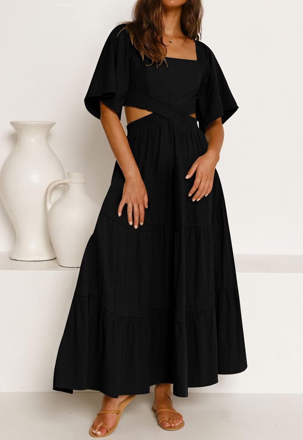 LEANI Women's 2025 Summer Cutout Maxi Dress Square Neck Short Sleeve Crossover Waist Casual Party Dresses - Image 4