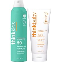 Thinkbaby SPF 50+ Baby Mineral Sunscreen, 6oz + Thinksport Kids SPF 50+ Sheer Mineral Sunscreen Spray, 6oz, Water Resistant Sun Cream Broad Spectrum UVA/UVB Sun Protection
