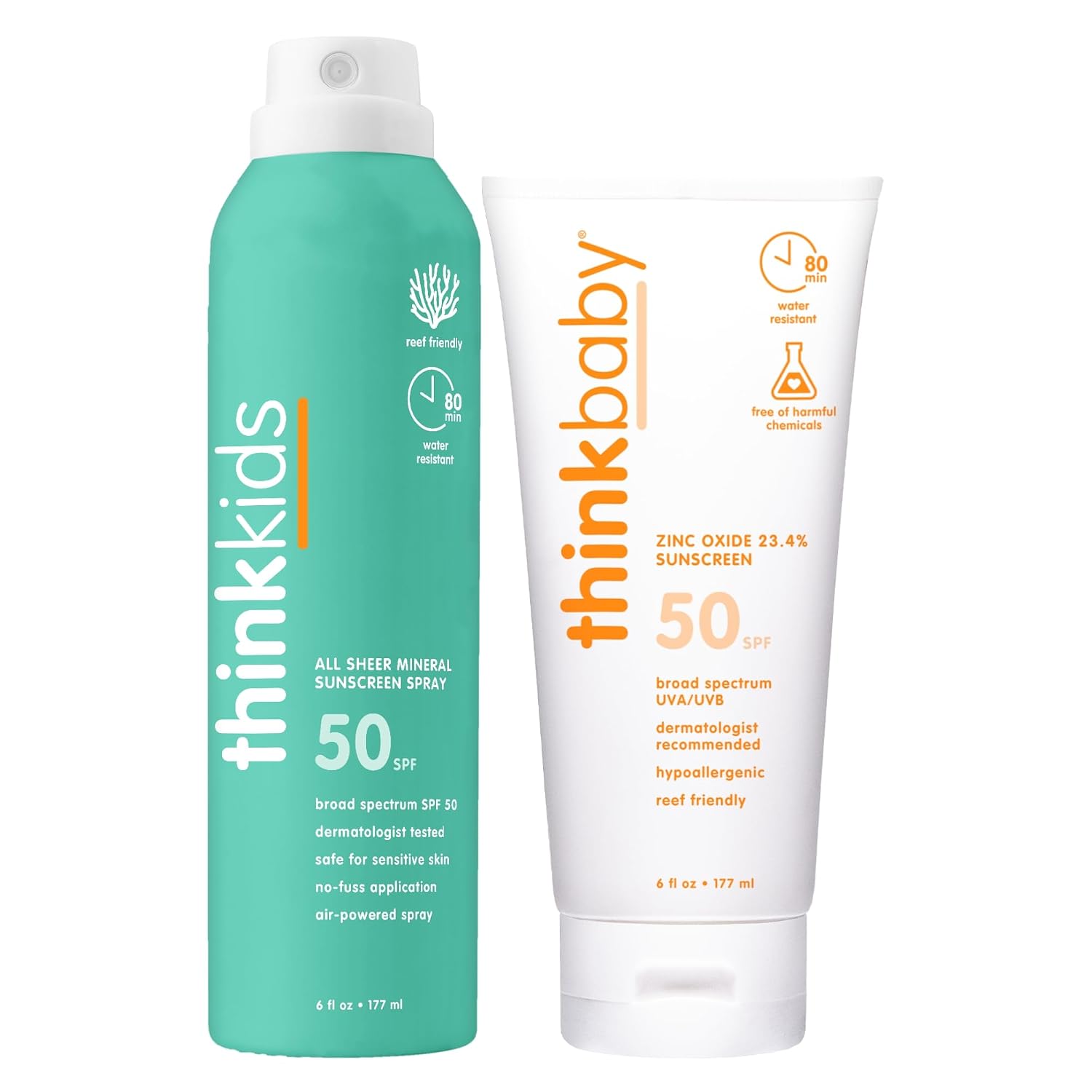 Thinkbaby SPF 50+ Baby Mineral Sunscreen, 6oz + Thinksport Kids SPF 50+ Sheer Mineral Sunscreen Spray, 6oz, Water Resistant Sun Cream – Broad Spectrum UVA/UVB Sun Protection