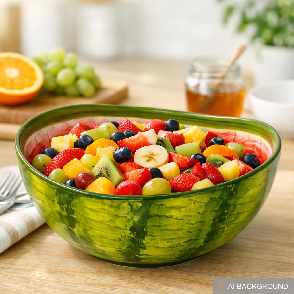 Lashuma Handgemachte Obstschale Melone, Servierschale aus Italienischer Keramik in Melonenoptik, Runde Salatschüssel 24 cm