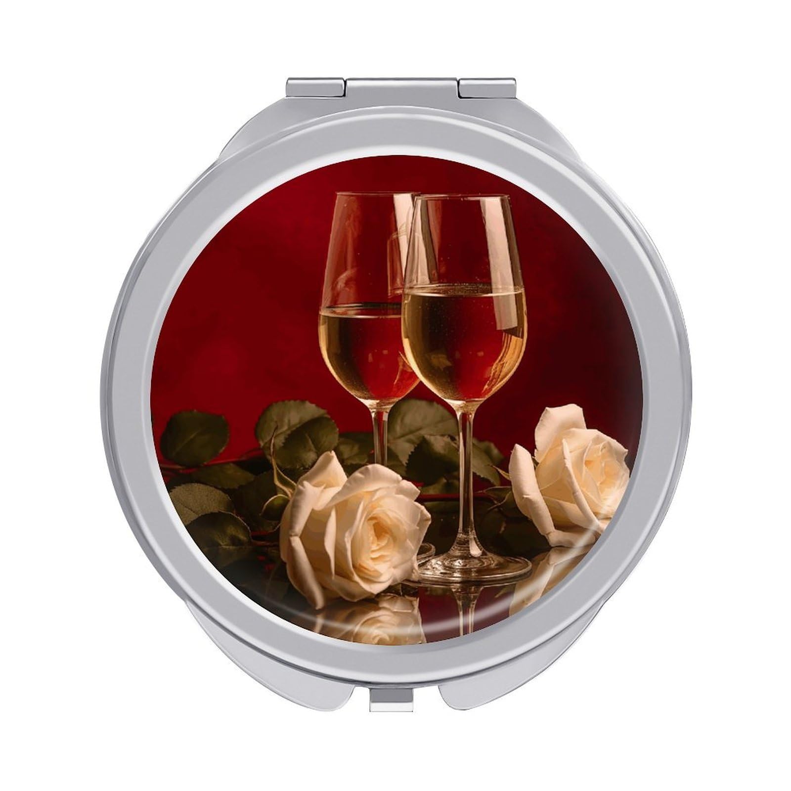 JTREHY Wine and Roses Makeup Mirror Silver Mirror Surface Folding Makeups Mirrors Lightweight Durable Looking Glass for Suitable Traveling Handbag and Purses