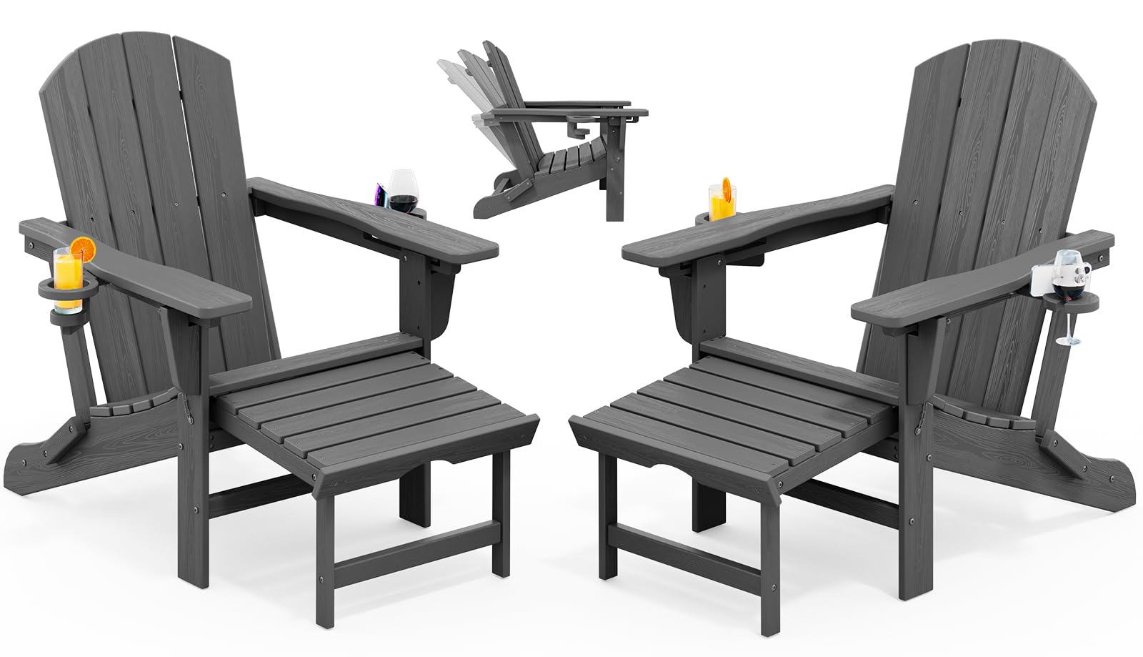 KINGYES 2 Pieces Folding Adirondack Chair with Ottoman & Cup Holders