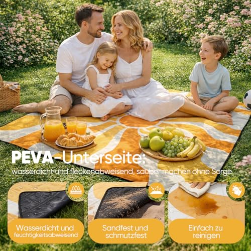 Sekey Picknickdecke Wasserdicht 200x200 cm, Stranddecke Sandfrei | Gepolstert, Dreischichtige Struktur, PEVA-Wasserfestboden, Bindegurt-Trageriemen, geeignet für Picknick, Camping, Strand