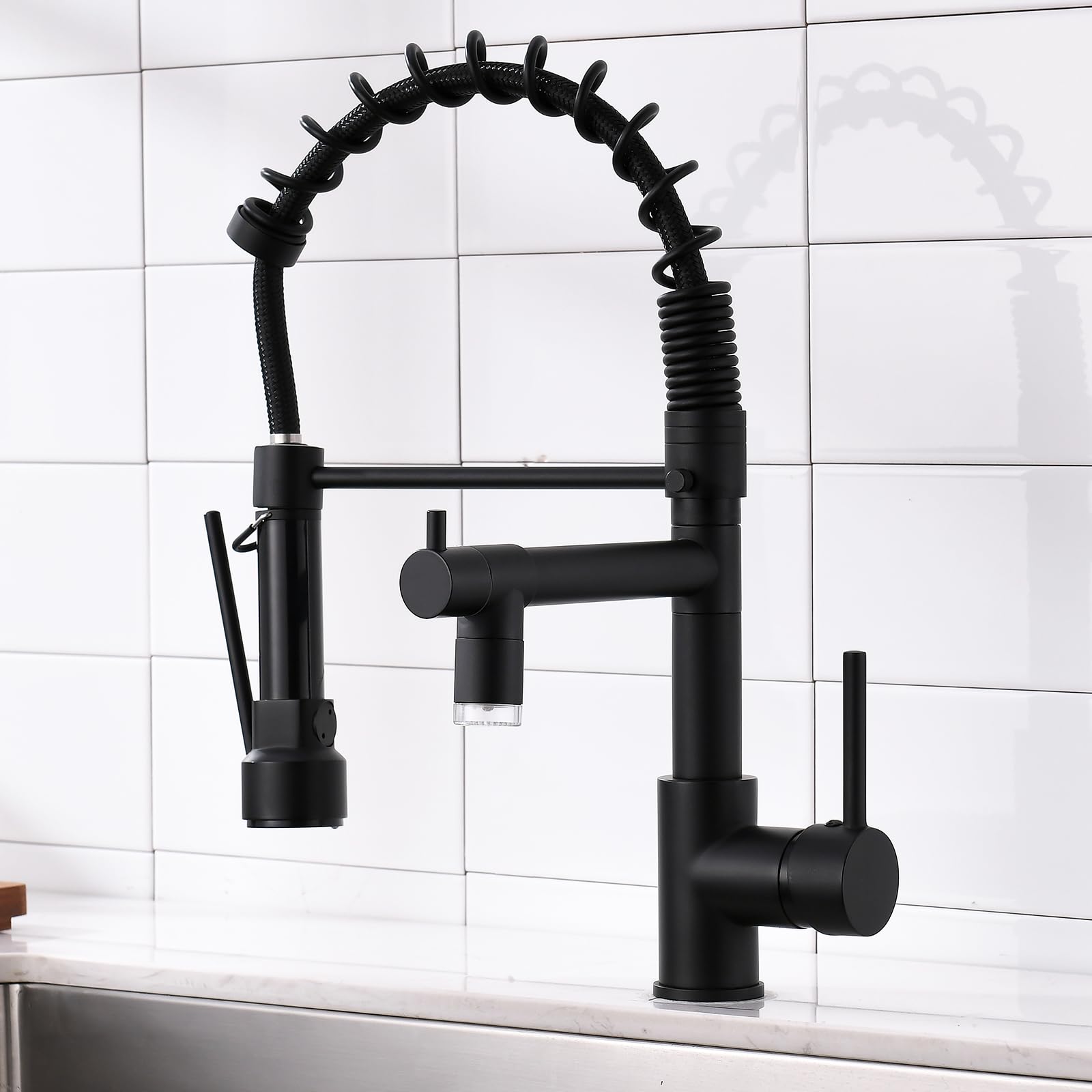 COSZWQDP LED Kitchen Faucet with Pull Down Sprayer and High Arch Design Matte Black Finish