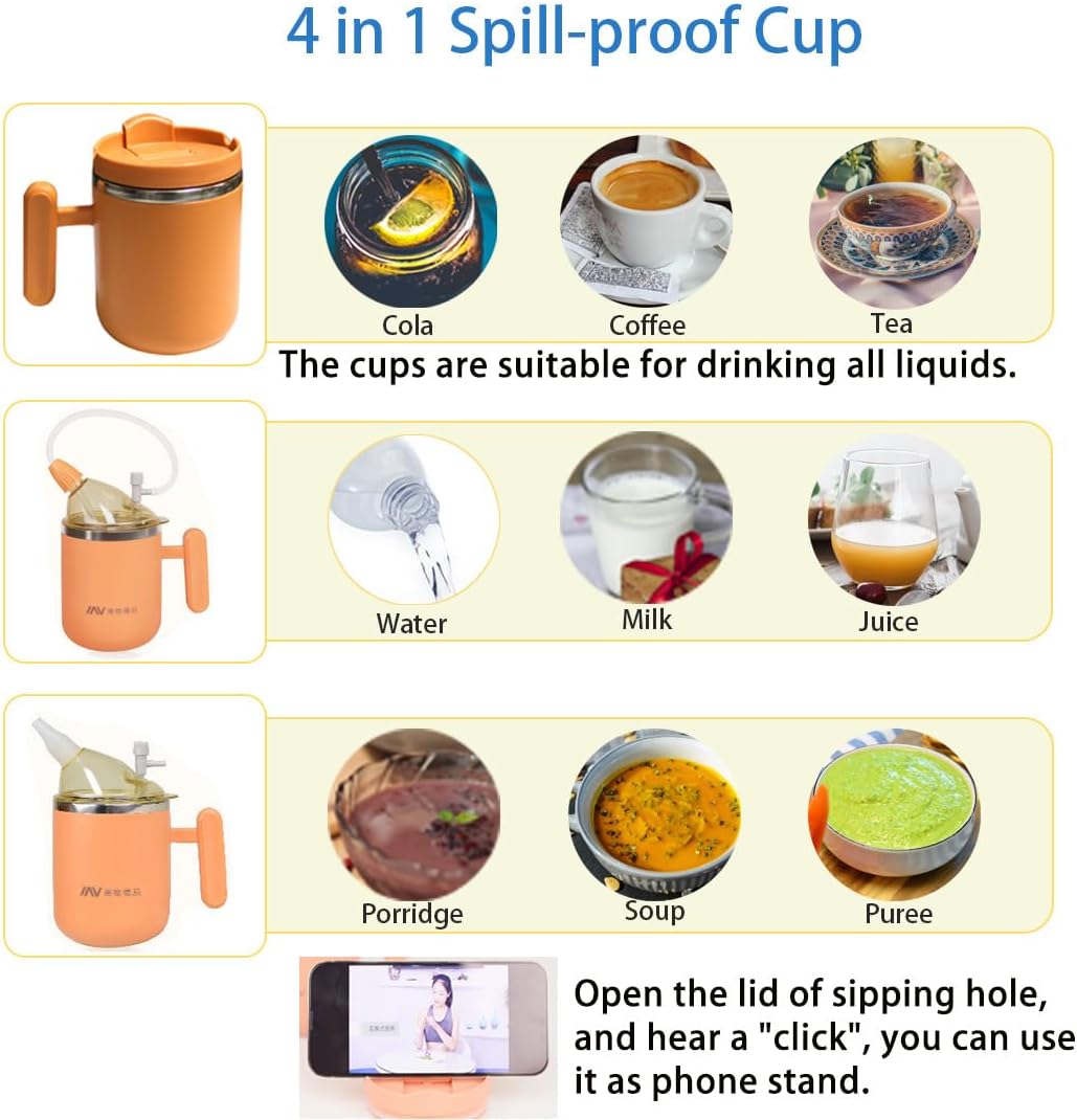 Stainless Steel Adult Sippy Cup for Elderly, 14oz/400ml Capacity Spill Proof Cup with 2 Straw, 4 in 1 No Spill Feeding Tumble, 2 Lids, Water Bottle for Patient Maternity Drink Water Milk Soup - Image 3