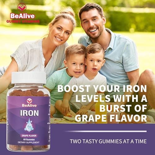 Bealive Iron Gummy Vitamin | Gluten Free Supplements For Iron Deficiency | Peanut Free Gummies Supplement | Grape Flavor Chewable Vitamins For Women & Men | 60 Count #TOP4