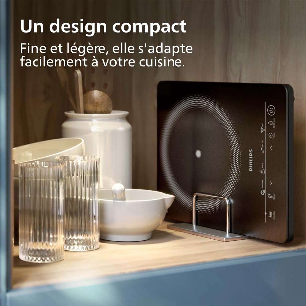 Philips Plaque à induction Série 3000 - Plaque électrique portable, 8 niveaux de chauffe, 4 programmes de cuisson, puissance élevée de 2000W, avec arrêt automatique, Écran tactile (HD5830/90) | 2000 W, 8 niveaux de chaleur, 4 programmes de cuisson, plaque