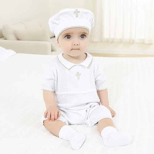 Miniatura 2 de HAPIU Traje de bautismo para bebé niño con sombrero y calcetines, traje de bautizo con detalle de cruz