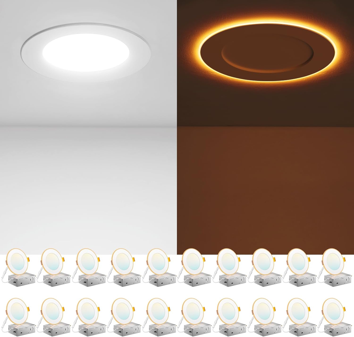 amico 20 pack 4 inch 5cct led recessed ceiling light with night light, 2700k/3000k/3500k/4000k/5000k selectable ultra-thin recessed lighting, 10w=90w, 700lm, dimmable canless wafer downlight - etl&fcc