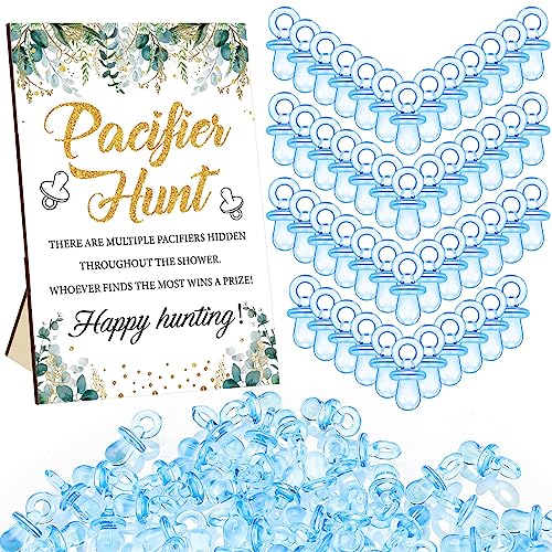Image of Thyle 51 Pcs Greenery Theme Pacifier Hunt Baby Shower Games Include Blue Hunt Sign and 50 Acrylic Pacifiers for Greenery Eucalyptus Baby Shower Game Decoration Gift Sets Gender Reveal Party Decor