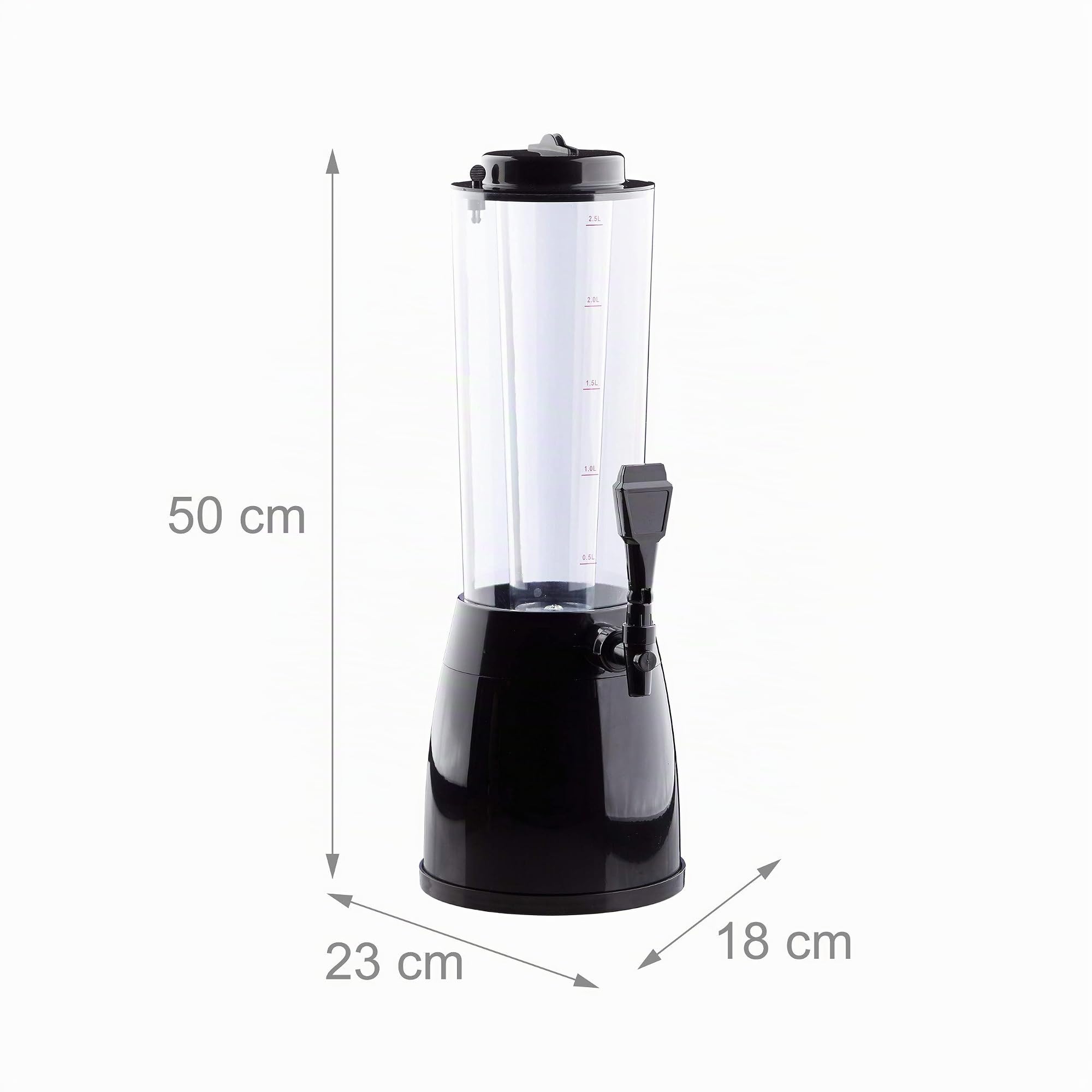 Relaxdays Dispensador de Cerveza con Grifo, 50x23x18 cm, capacidad: 2,5 l, columna de cerveza, pilar transparente, negro