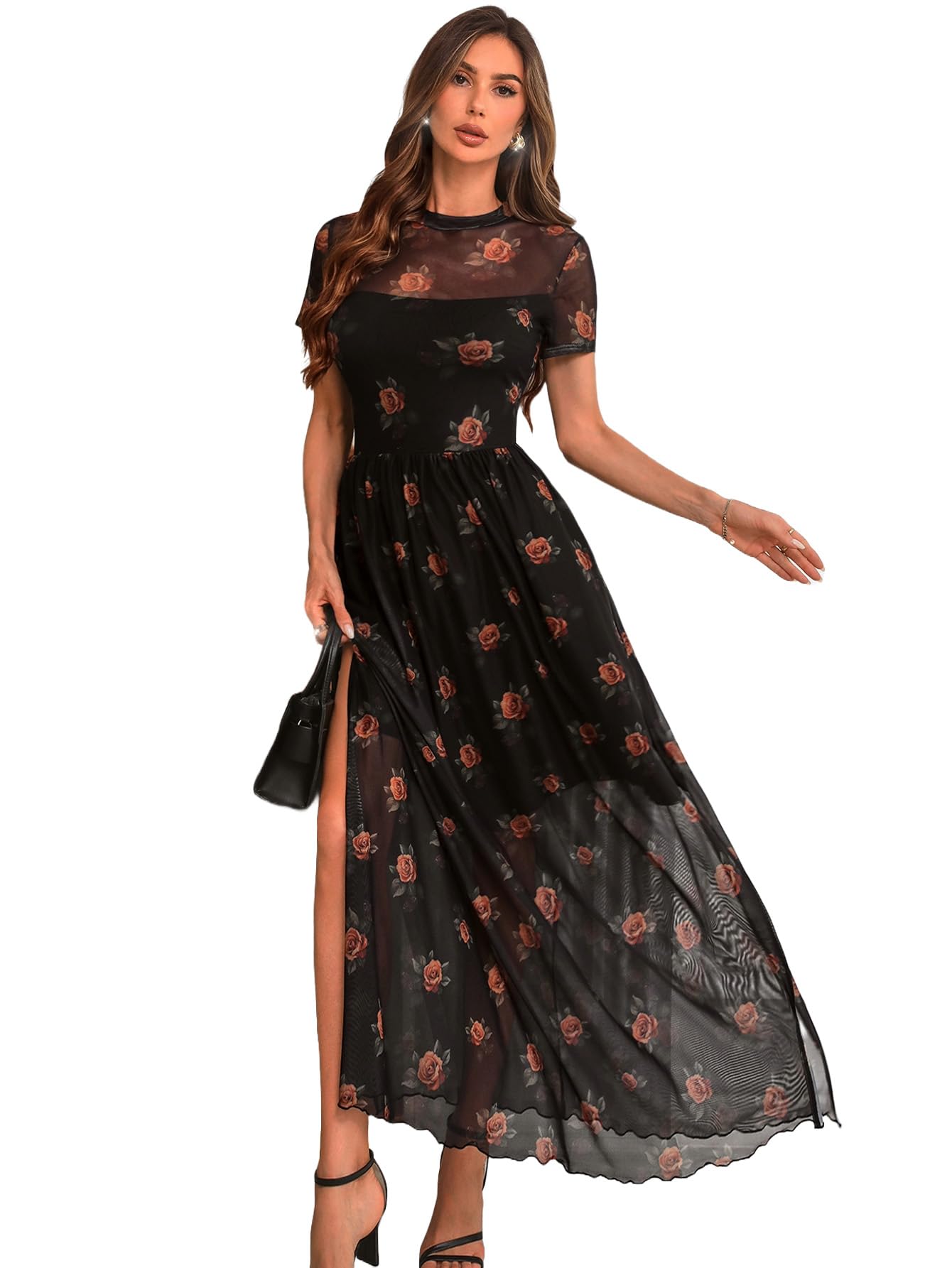 GothDark Womens Mesh Dress Short Sleeve Round Collar Floral Print High Slit Waist-Cinched Wedding Guest Maxi Dresses