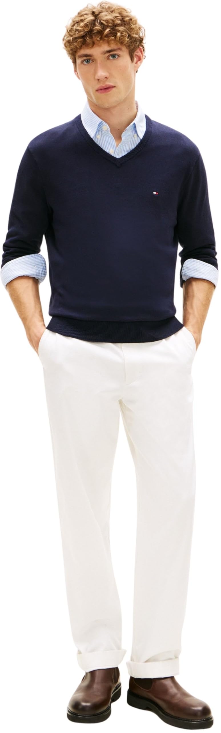 Tommy Hilfiger Maglione da Uomo Essential Cotton con Scollo a V MW0MW42249DW5004, Blu, L